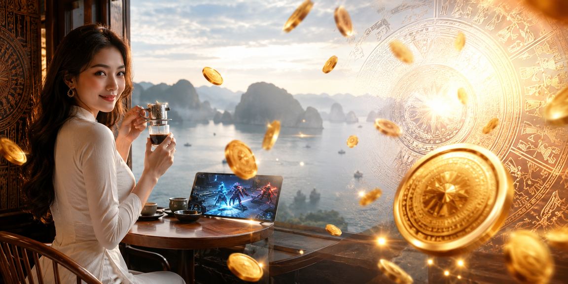Người dùng Việt Nam nhập mã voucher esports bên ly cà phê nhìn ra vịnh Hạ Long